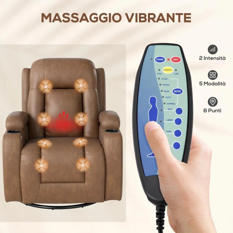 POLTRONA RELAX RECLINABILE MASSAGGIANTE RISCALDANTE IN SIMILPELLE CON 8 PUNTI MASSAGGIO, MARRONE