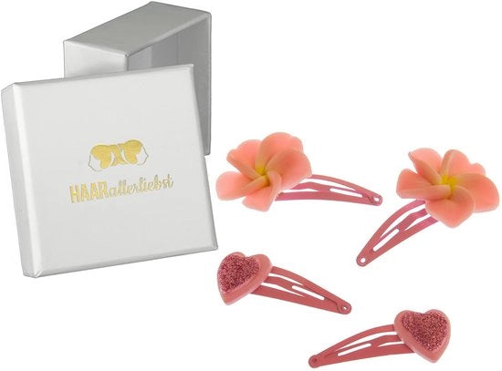 Set di spille per capelli per bambini - 4 pezzi fiori e cuore con glitter inclusi, con scatola di conservazione bianca - Ideale per capelli fini a capelli spessi