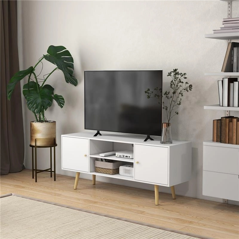 MOBILE TV 55" MAX CON 2 ARMADIETTI E 2 RIPIANI APERTI, IN LEGNO E TRUCIOLATO, 120X34X50 CM, BIANCO