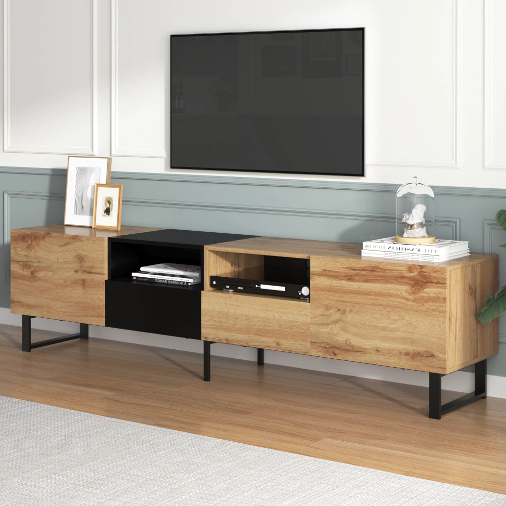 OKWISH Mobile TV con 2 Ante e 2 Cassetti, Spazio Contenitore per Soggiorno, MDF Nero e Effetto Legno, 190 × 38 × 48 cm