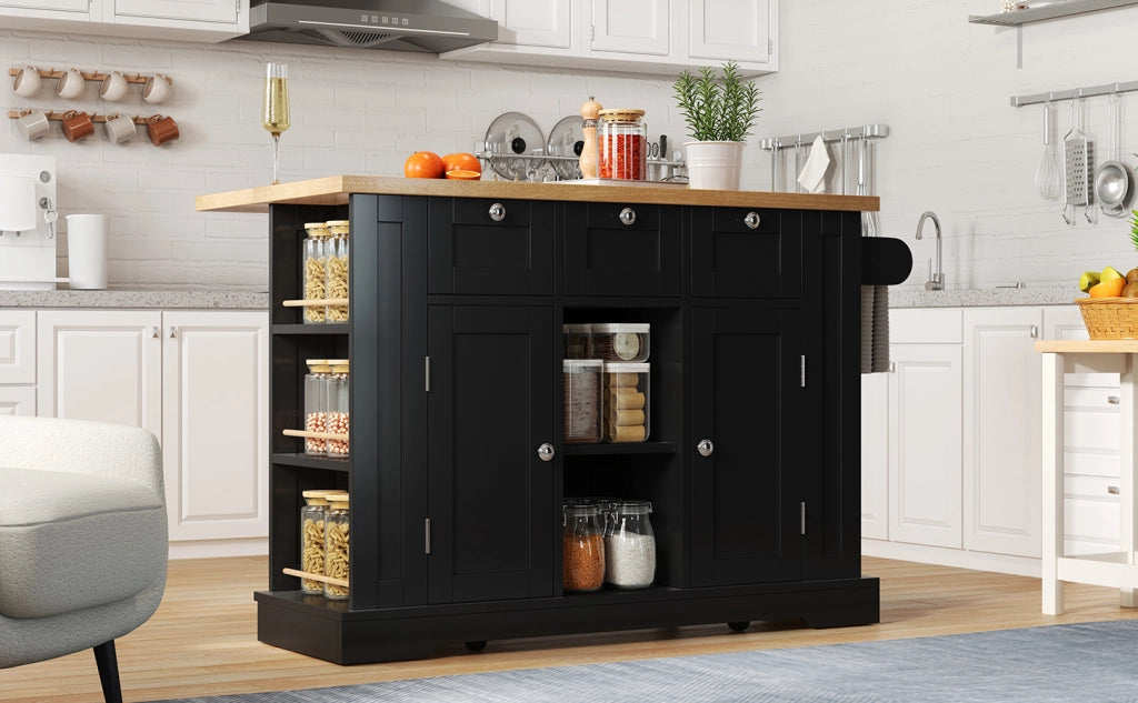 Carrello da cucina con piano ribaltabile e ruote, 3 cassetti, 2 vani con ante, per cucina, in MDF, natural e nero