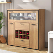 Credenza portabottiglie 110x38x111 cm con 2 ante; LED e divisorio in vetro; legno naturale e nero
