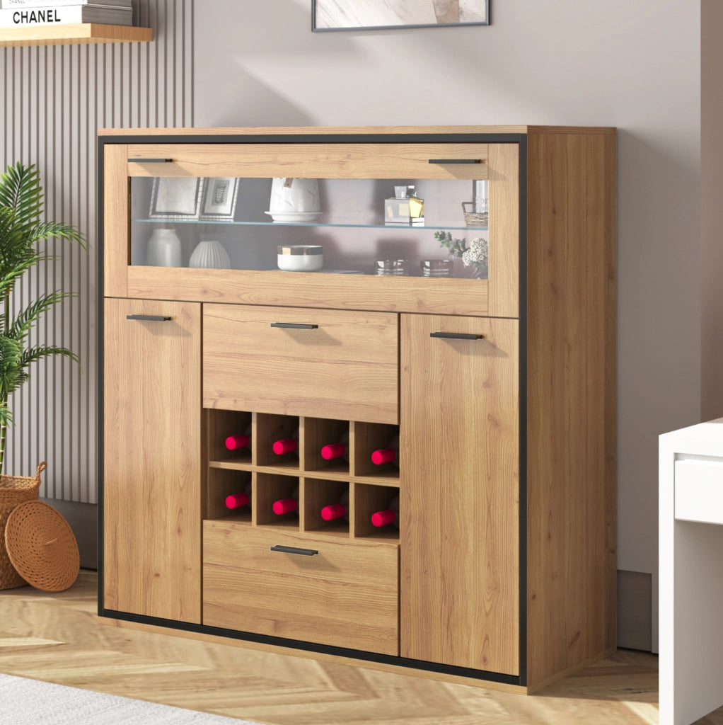 Credenza portabottiglie 110x38x111 cm con 2 ante; LED e divisorio in vetro; legno naturale e nero