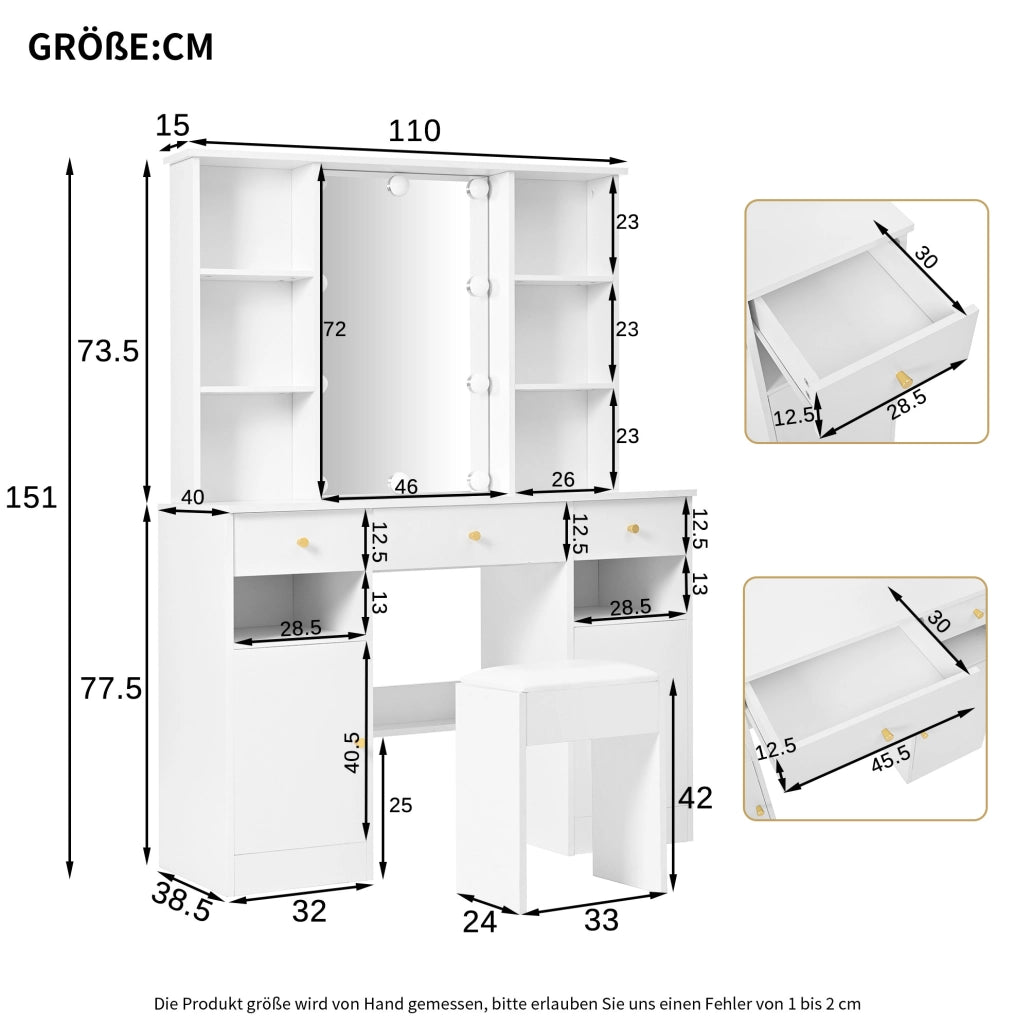 Toeletta ULEVR 110x40x151 cm con specchio LED regolabile, sgabello, 3 cassetti e 2 ante, bianca