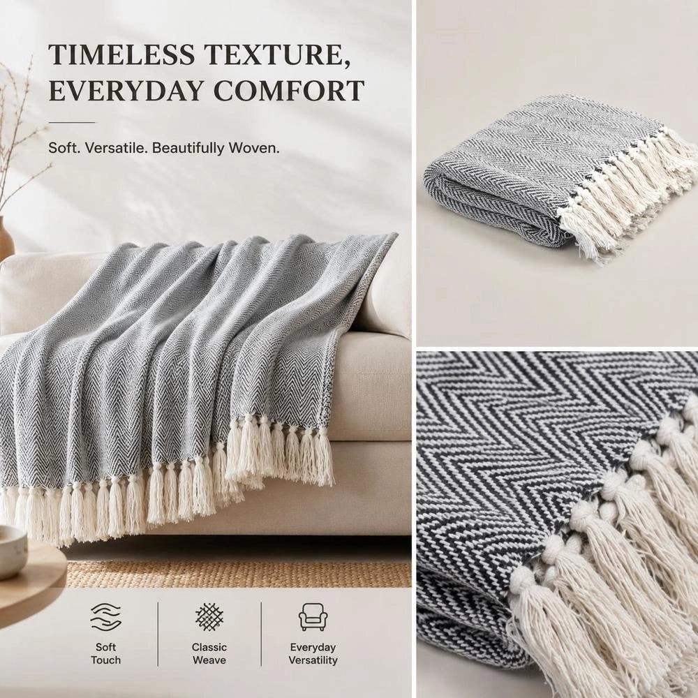Cotton Throw With Herringbone Pattern, 160x210 Cm, Navy Blue