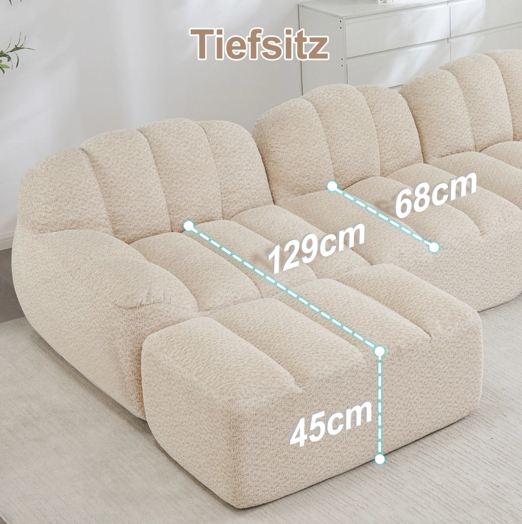 Divano modulare angolare 2 posti con ottomana 210x165x79 cm in fleece granulato beige bianco