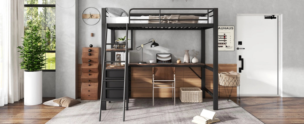 Letto a castello con scrivania e cassetti ferro legno nero noce scuro 90x200 cm