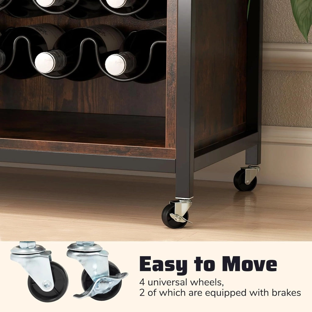 Armadietto per vino con illuminazione, armadio da bar con ruote, armadietto per vino e porta vetro, cucina con ripiani regolabili, credenza industriale