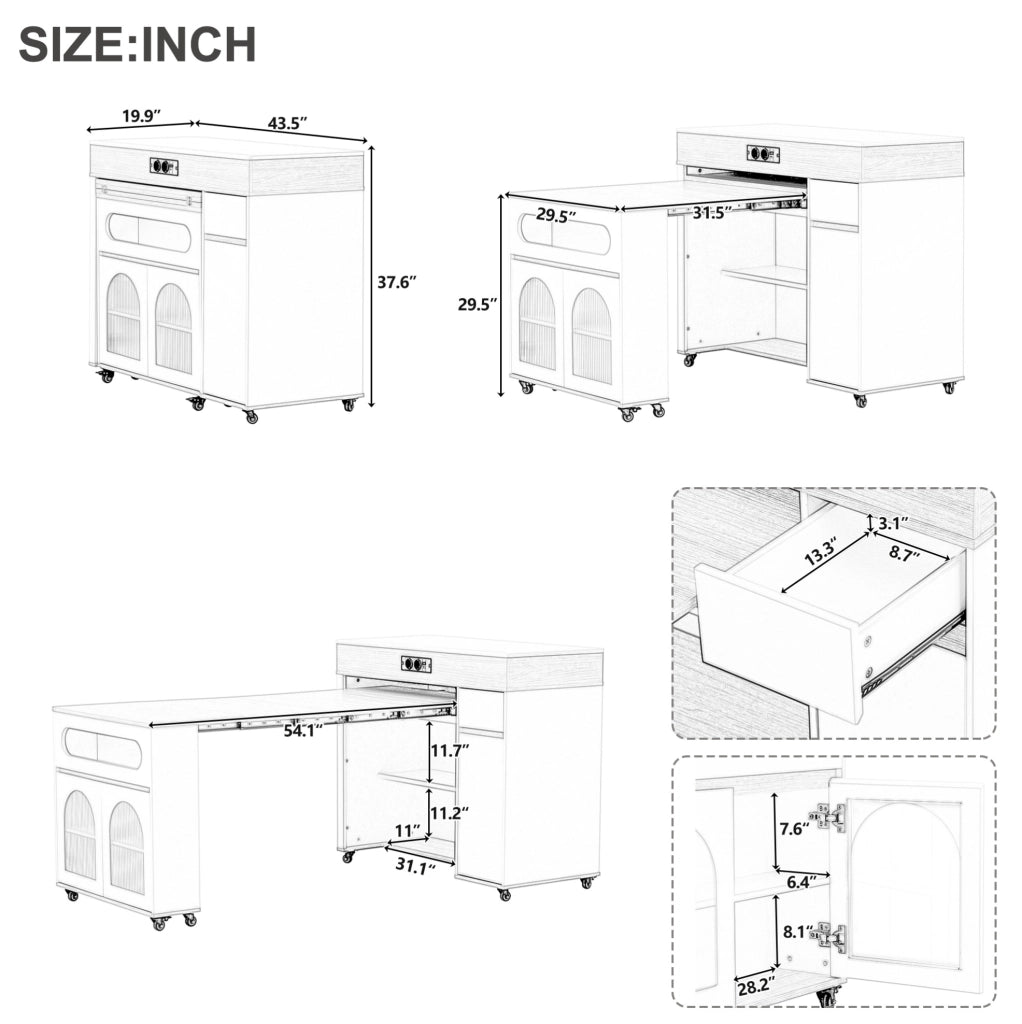 Isola cucina estensibile con prese, ruote e vetrine