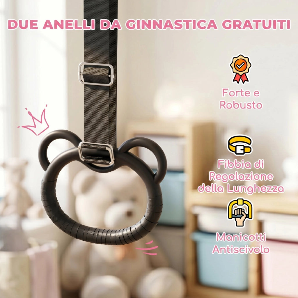 Sbarra Ginnastica Artistica per Bambini ad Altezza Regolabile con 2 Anelli, in Acciaio, 148x105x88-128 cm, Rosa