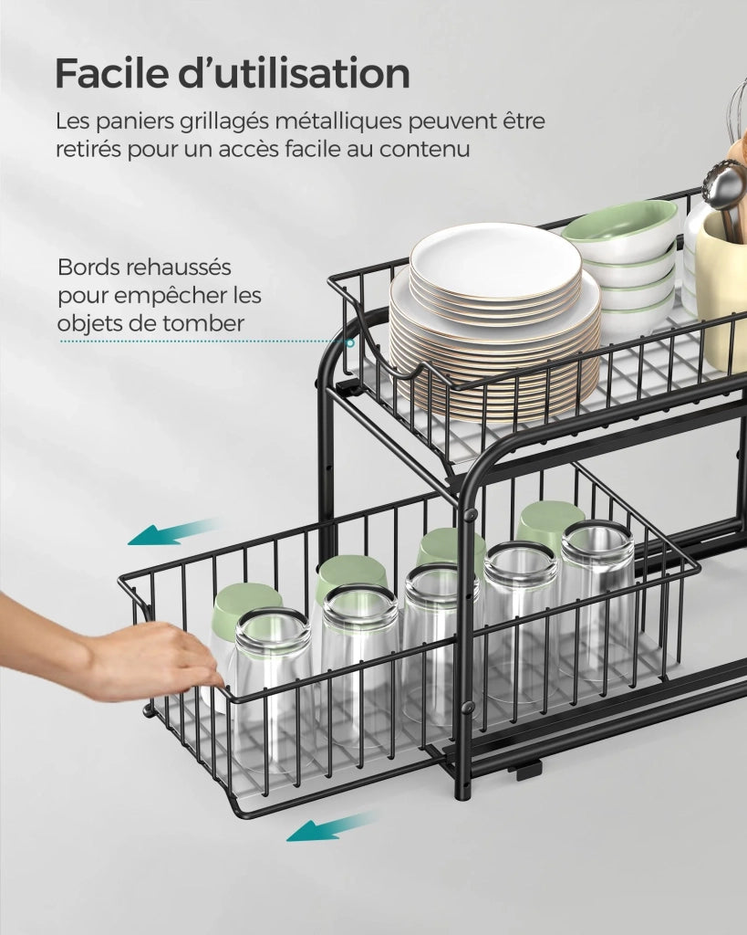 Mensola portaoggetti da cucina sottolavello con 2 cestelli scorrevoli impilabili per riporre gli oggetti nel mobile sottolavello con cassetti per cucina e bagno nero 12_0006639