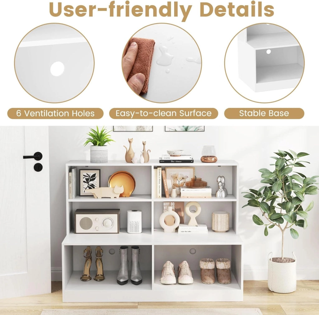 Scarpiera con Seduta, Mobile d'Ingresso 2 in 1 con Kit Antiribaltamento, Panchina per Cambio Scarpe, Stile Moderno Organizzatore a 6 Cubi per Ingresso, Soggiorno, Corridoio, Bianco