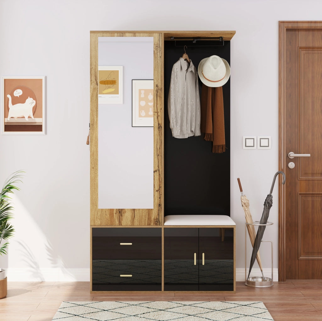 Mobile ingresso compatto nero e legno con specchio, attaccapanni estraibile, panca e scaffale porta scarpe