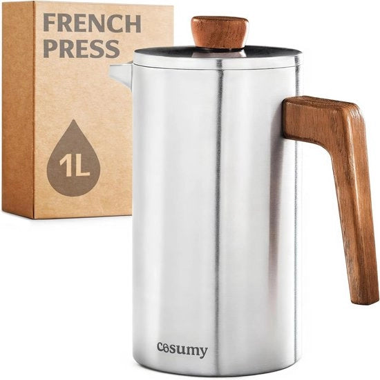 Caffettiera a Stampa Francese 1L - Acciaio Inossidabile e Legno di Quercia - Per 5 Tazze con Filtro Extra