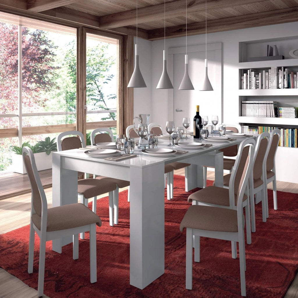 Consolle Abicitren, Tavolo da pranzo allungabile, Tavolo con allunghe multiuso estensibile fino a 10 posti, cm 51/237x90h78, Bianco Lucido