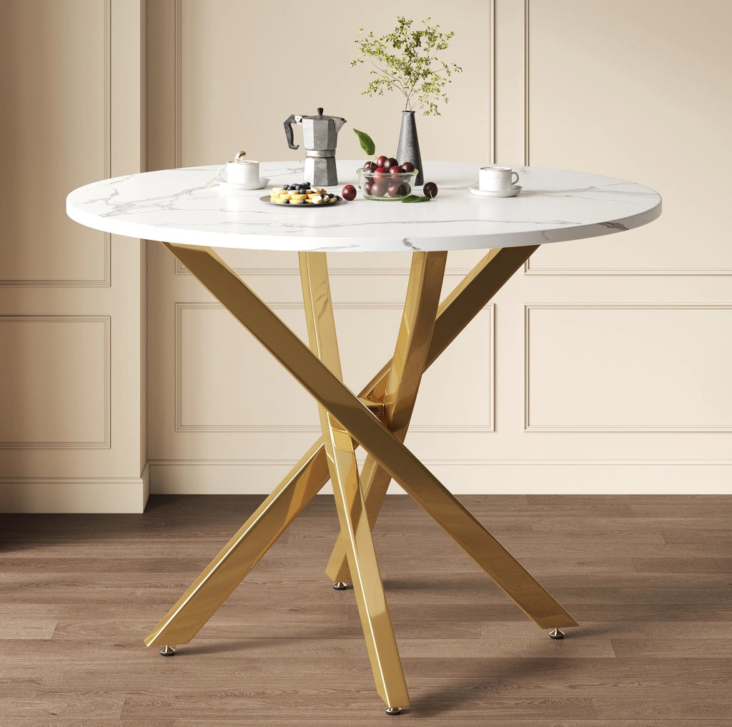 Tavolo rotondo 80 cm con piano effetto marmo e gambe cromate oro in MDF bianco