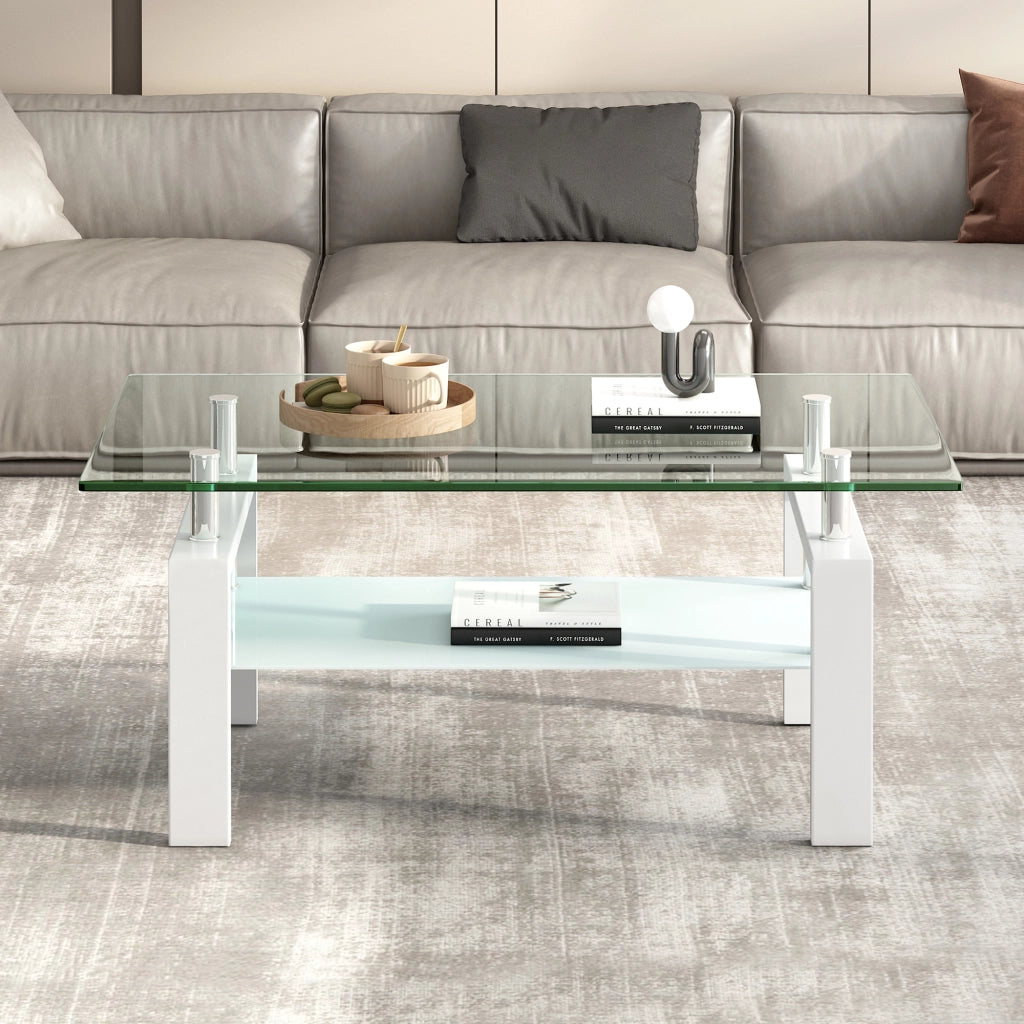 Tavolino da caffè a 2 ripiani per soggiorno in vetro e metallo bianco 100×60×44 cm