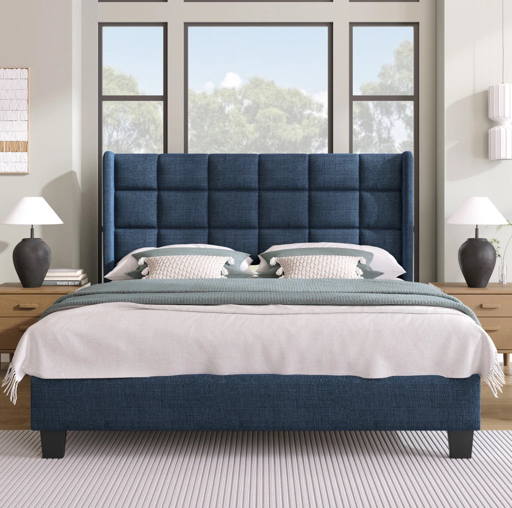 Letto imbottito con rete a doghe 140x200 cm in lino blu