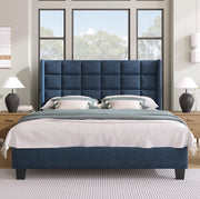 Letto imbottito con rete a doghe 140x200 cm in lino blu