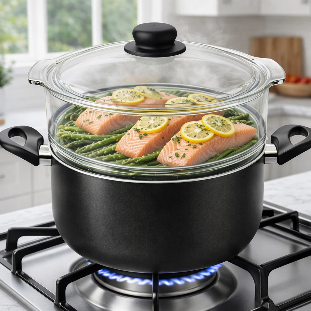 Casseruola Con Vaporiera 24 cm In Vetro e Alluminio Fuoco e Idee MADE IN ITALY