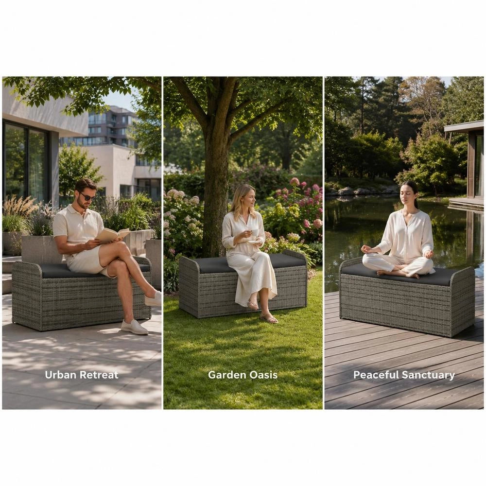 Storage Bench With Cushion, Grey, 115x51x52 Cm, Poly Rattan