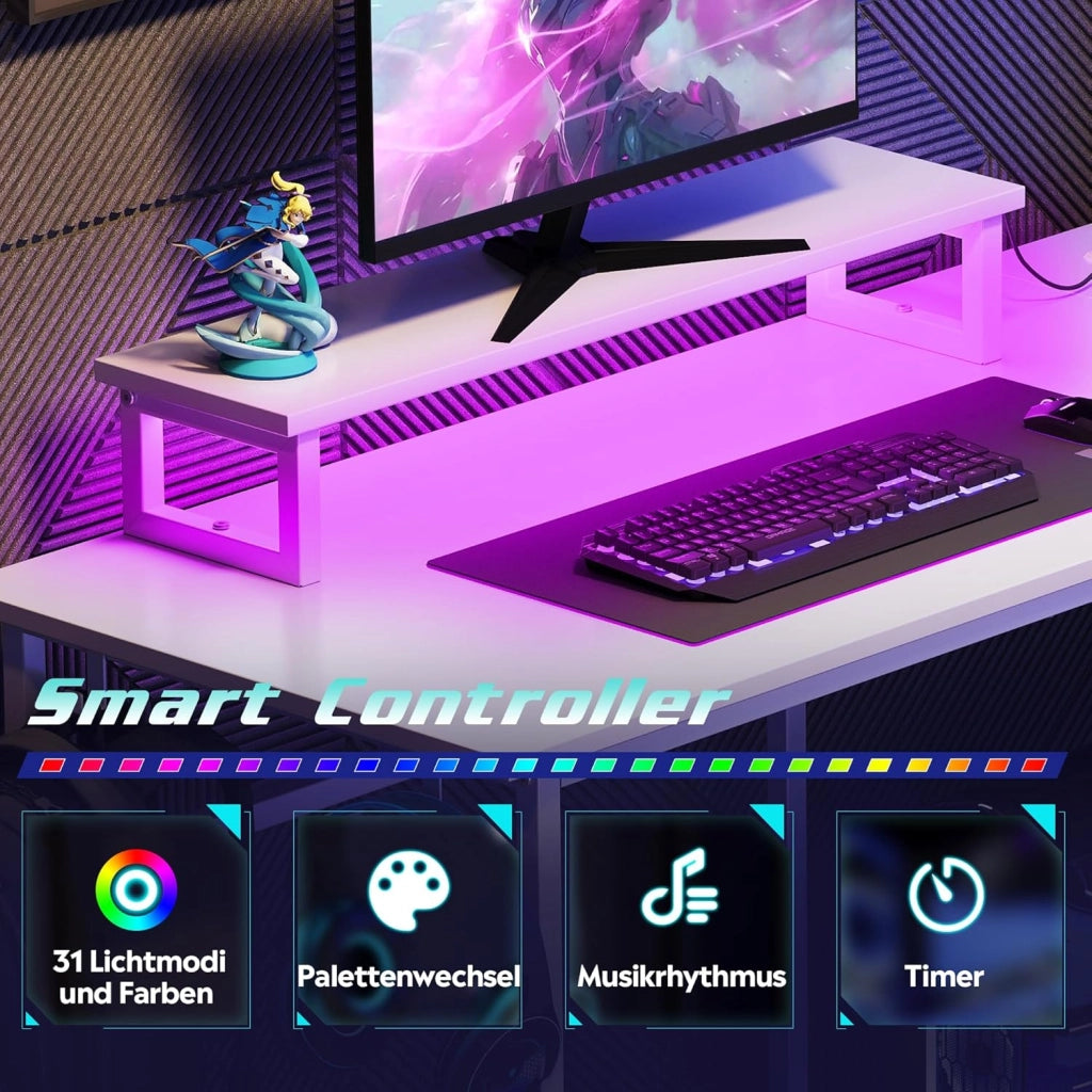 Scrivania Angolare Gaming con LED RGB ¨C Zephmum ¨C 122x80 cm Bianco Rovere