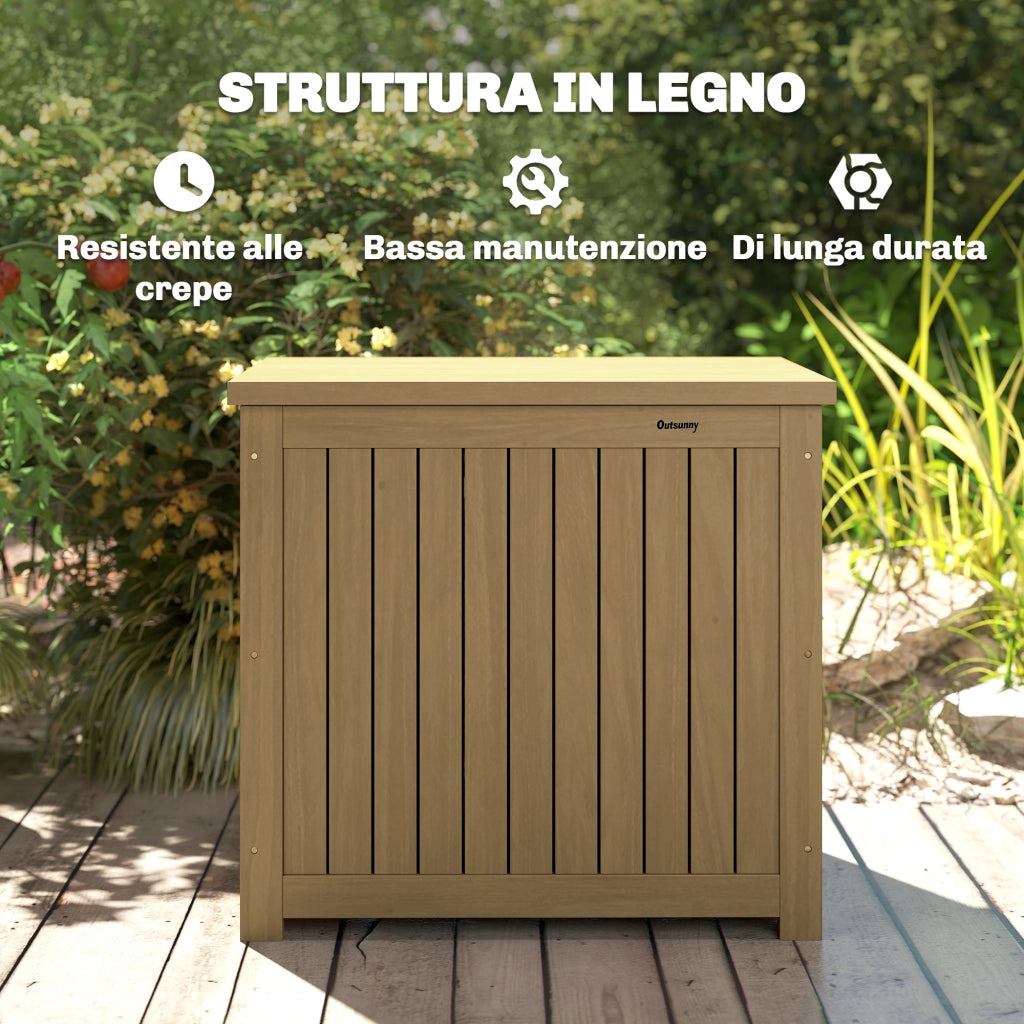 Cassapanca da Esterno 63x51x58,5 cm Capacità 130L con Coperchio Cerniere e Cinghia in Legno Marrone