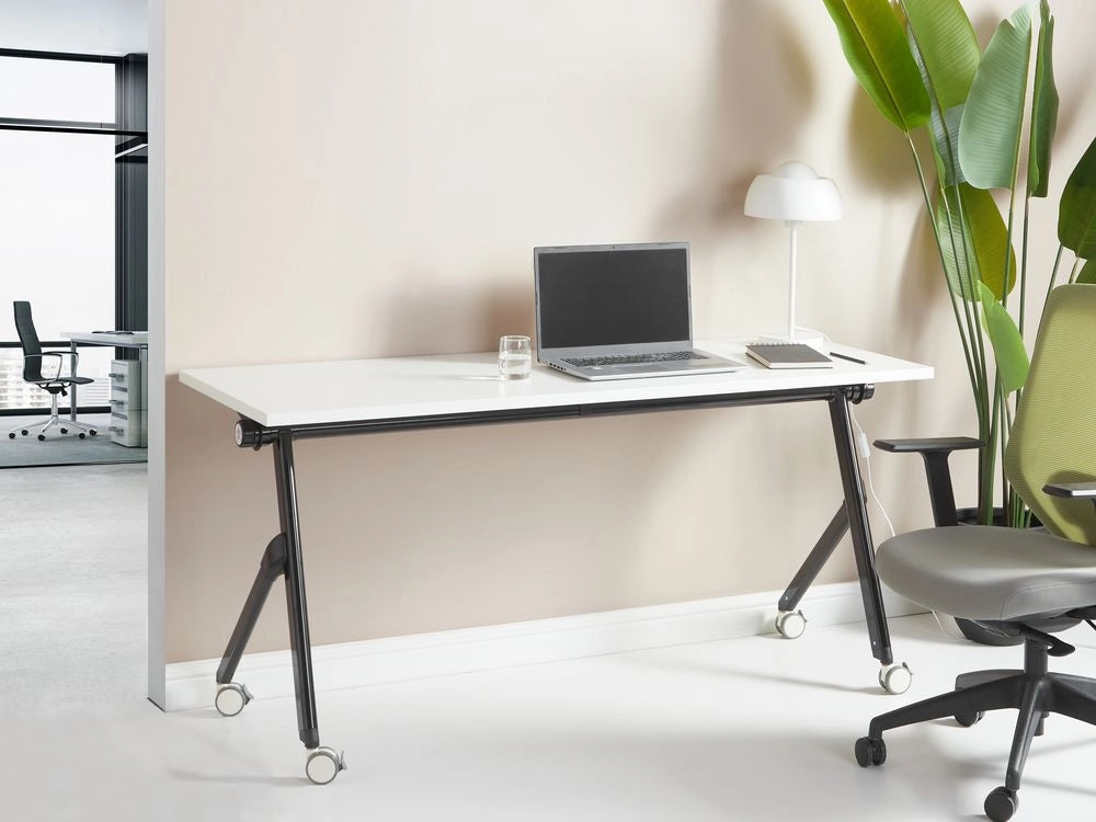 Scrivania rettangolare pieghevole con rotelle portatile con struttura in metallo bianco e nero 120 x 60 stile moderno