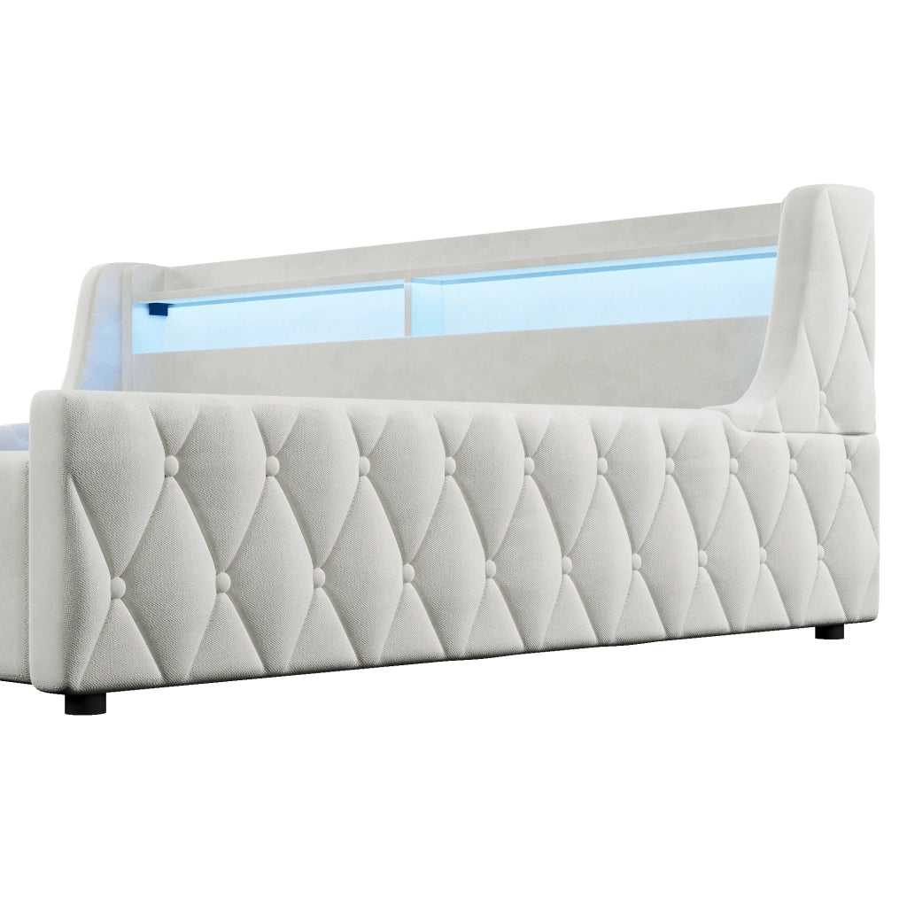 Letto imbottito 140x200 beige con contenitore idraulico e testiera LED