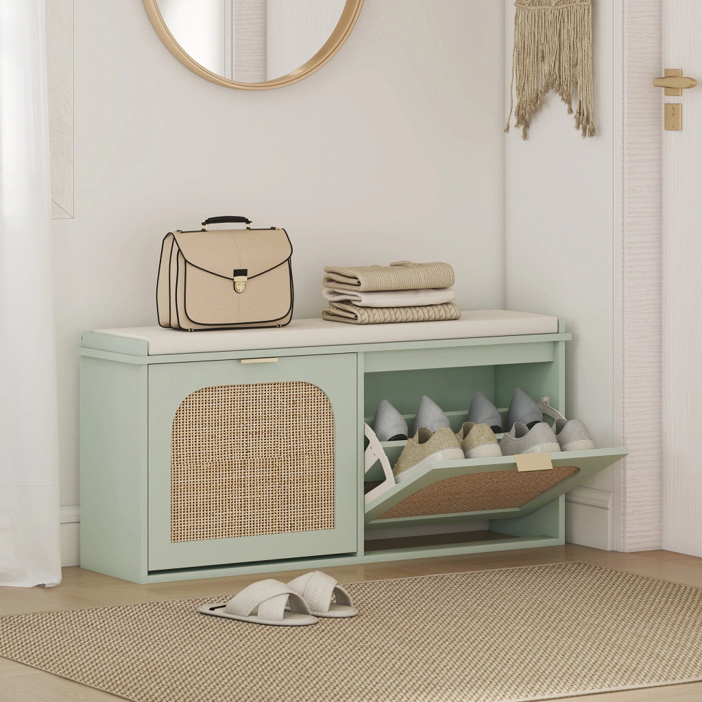 Panca scarpe con cassetti e schienale in rattan ¨C zephmum ¨C 104x26x47,5 cm verde