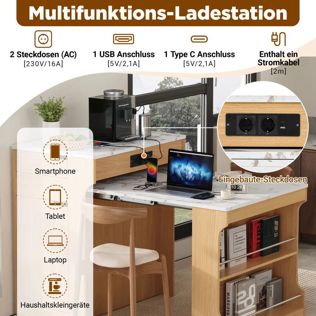 Tavolo allungabile multifunzione con cassetti e prese elettriche in MDF e vetro naturale per cucina e sala da pranzo
