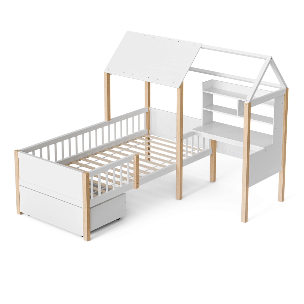 Letto a casetta per bambini 90x200 cm con scrivania; libreria e cassetti; bianco