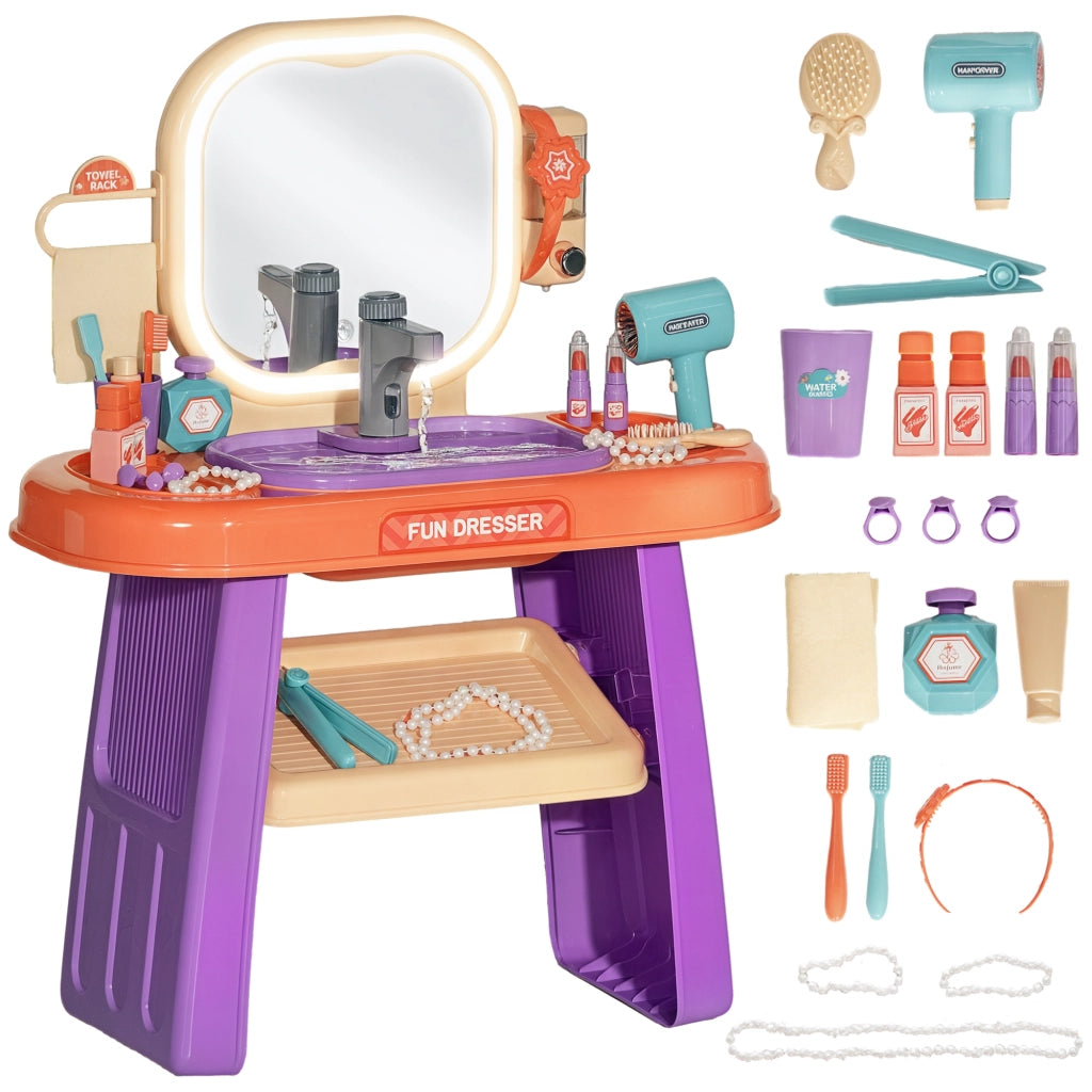 Tavolo trucco bambini con LED, specchio e rubinetto ¨C zephmum ¨C lilla 55x29x71
