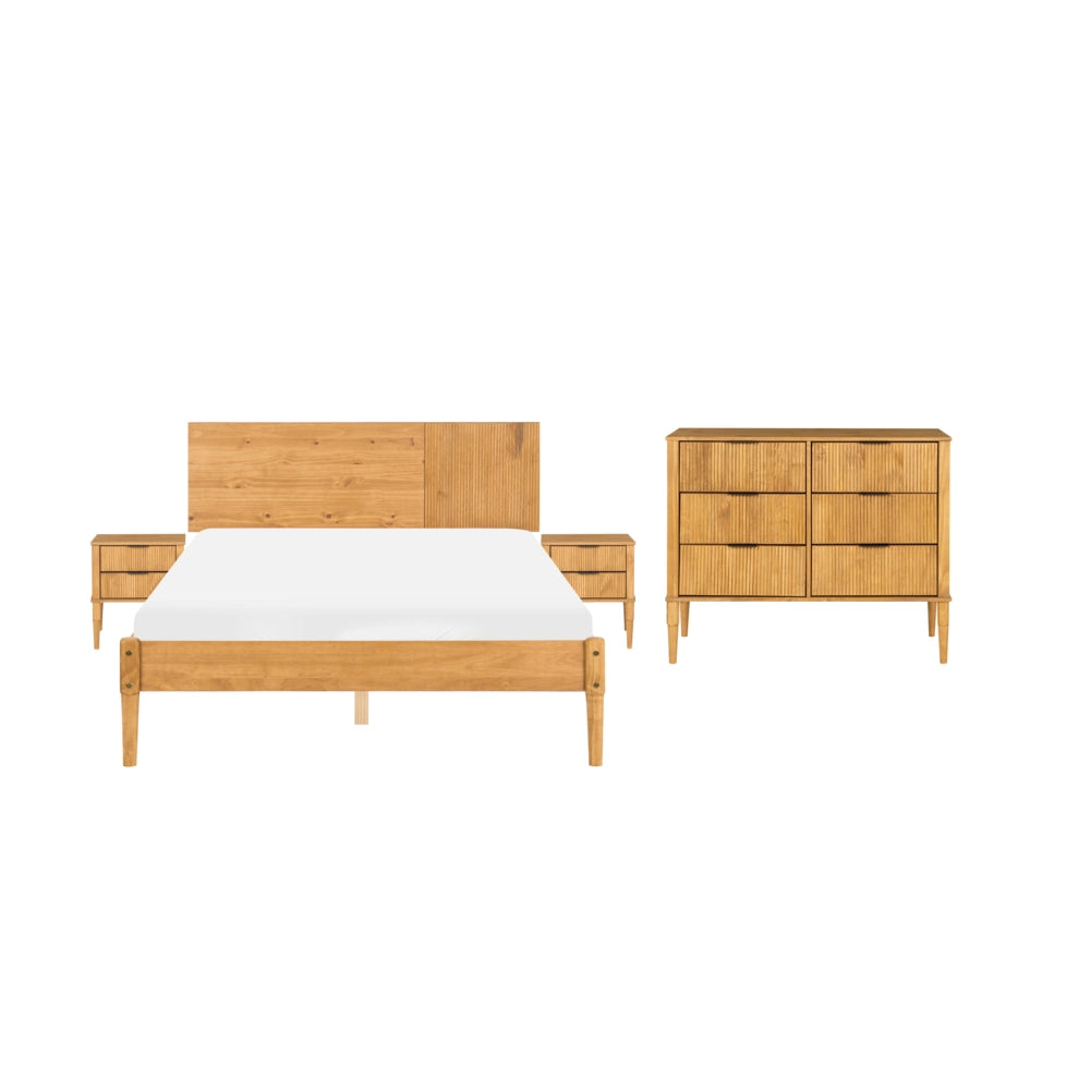 Set da camera da letto in legno di pino con letto matrimoniale 2 comodini e cassettiera a 6 cassetti 120 x 200 cm marrone chiaro stile scandinavo