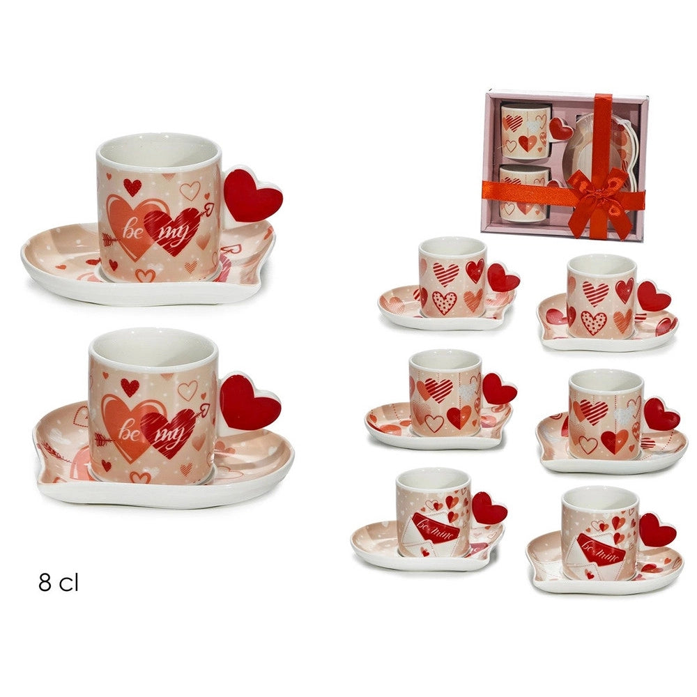 Trade Shop - Set 2 Tazzine 8cl Con Piattini A Tema San Valentino Con Manici A Cuore Per Caffè Espresso -