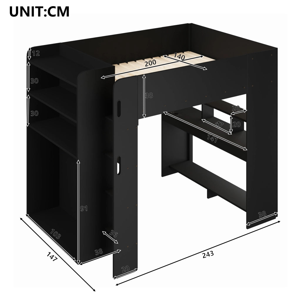 Letto a soppalco 140x200 cm con scrivania; armadio; LED e vani nero