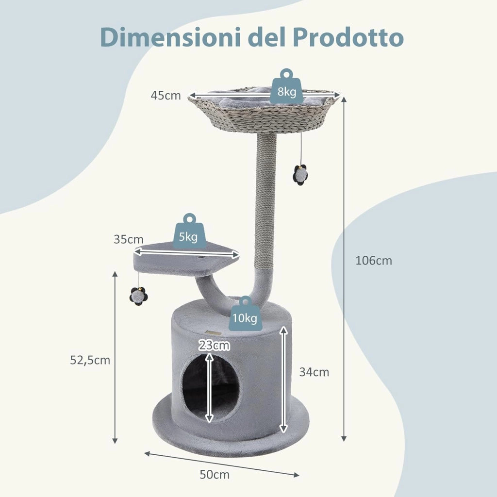 Albero per Gatti da Interno, Albero Tiragraffi per Gatti 106 cm con Telaio Curvo in Metallo, Torre per Gatti Multifunzionale a 3 Livelli con Palline