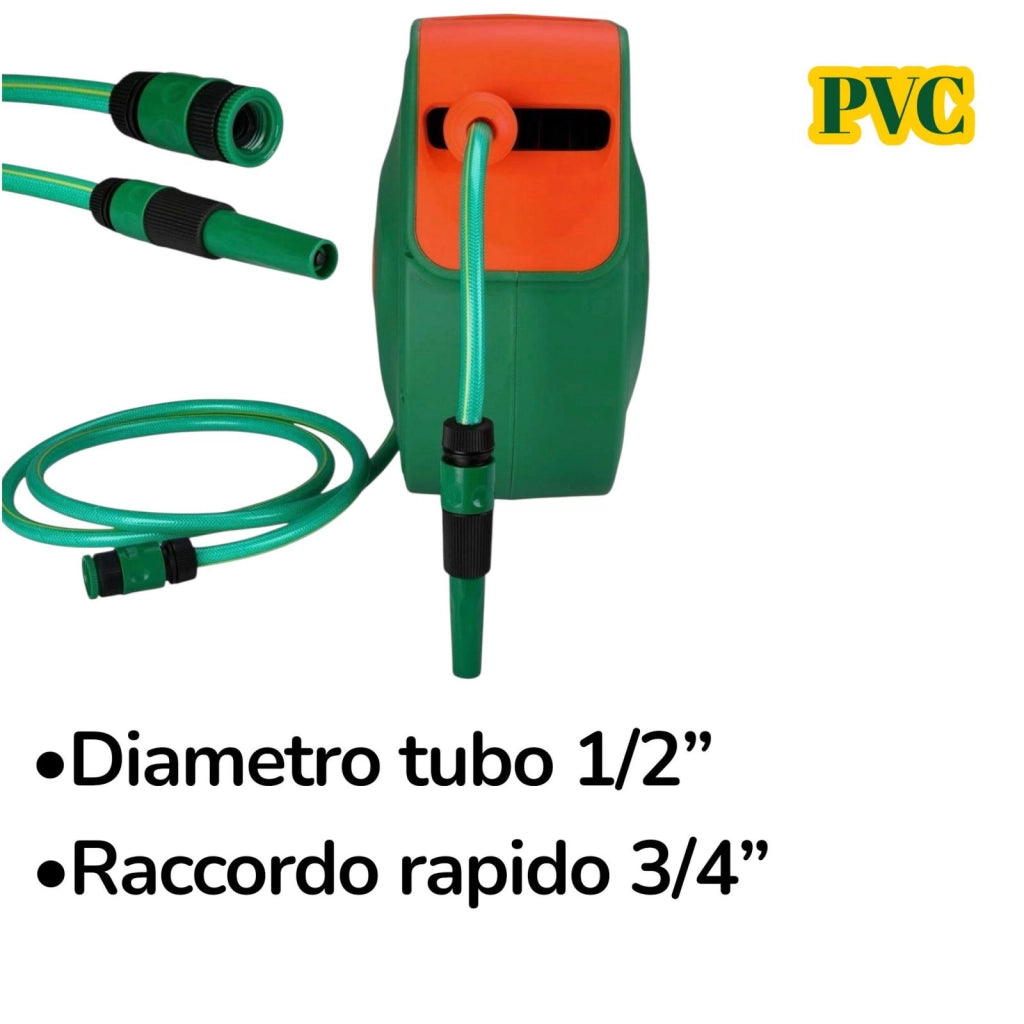 Avvolgitubo Acqua Automatico da Parete 20mt Tubo Giardino 1/2" Pistola 9 Getti