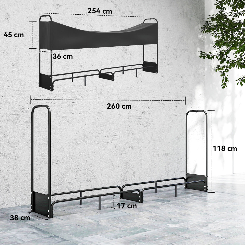 Portabusta legna da giardino esterno ¨C Xylo ¨C copertura impermeabile Oxford 600D 260x38x118 cm nero