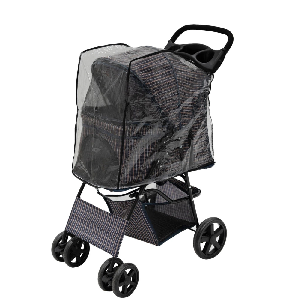 Passeggino Animali Pieghevole Blu Tartan Cane Gatto Tettuccio Antipioggia