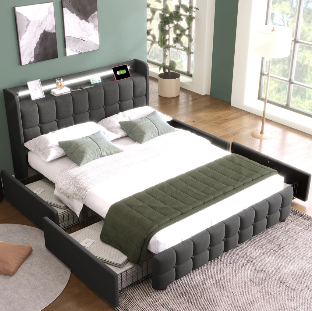 Letto matrimoniale 140x200 cm con materasso, LED e cassetti
