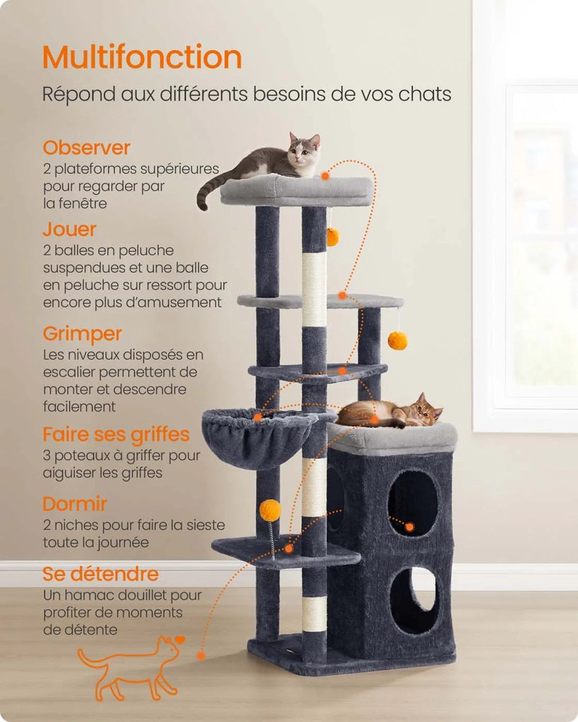 Tiragraffi per gatti altezza 152 cm torre gioco multilivello con 2 grandi cubbie 1 amaca 3 tiragraffi 3 piattaforme grigio 12_0007974