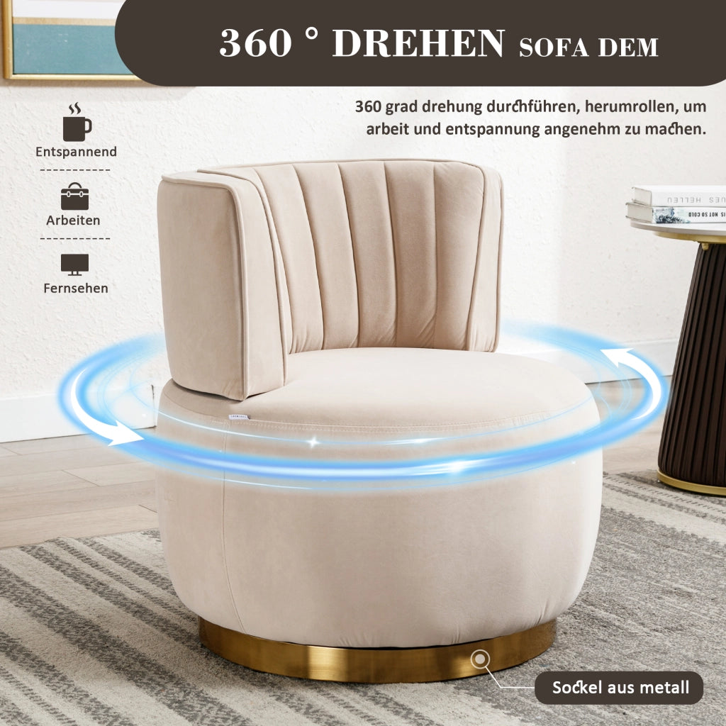 Fauteuil girevole in velluto con seduta imbottita e schienale ergonomico, base in legno e metallo beige