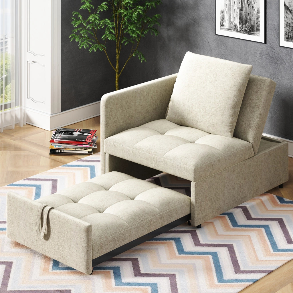 Divano Letto 3 in 1 con Schienale Regolabile in 5 Posizioni e Cuscino; in Tessuto di Lino Imbottito; Beige; 177 × 68 × 65 cm