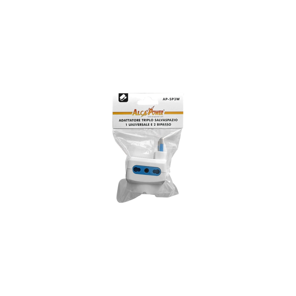 Alcapower Adattatore Salvaspazio 16A con 2 Prese Bipasso 10/16A e 1 Presa Universale Schuko, Colore Bianco, Potenza Massima 1500W, Spina 3 Poli
