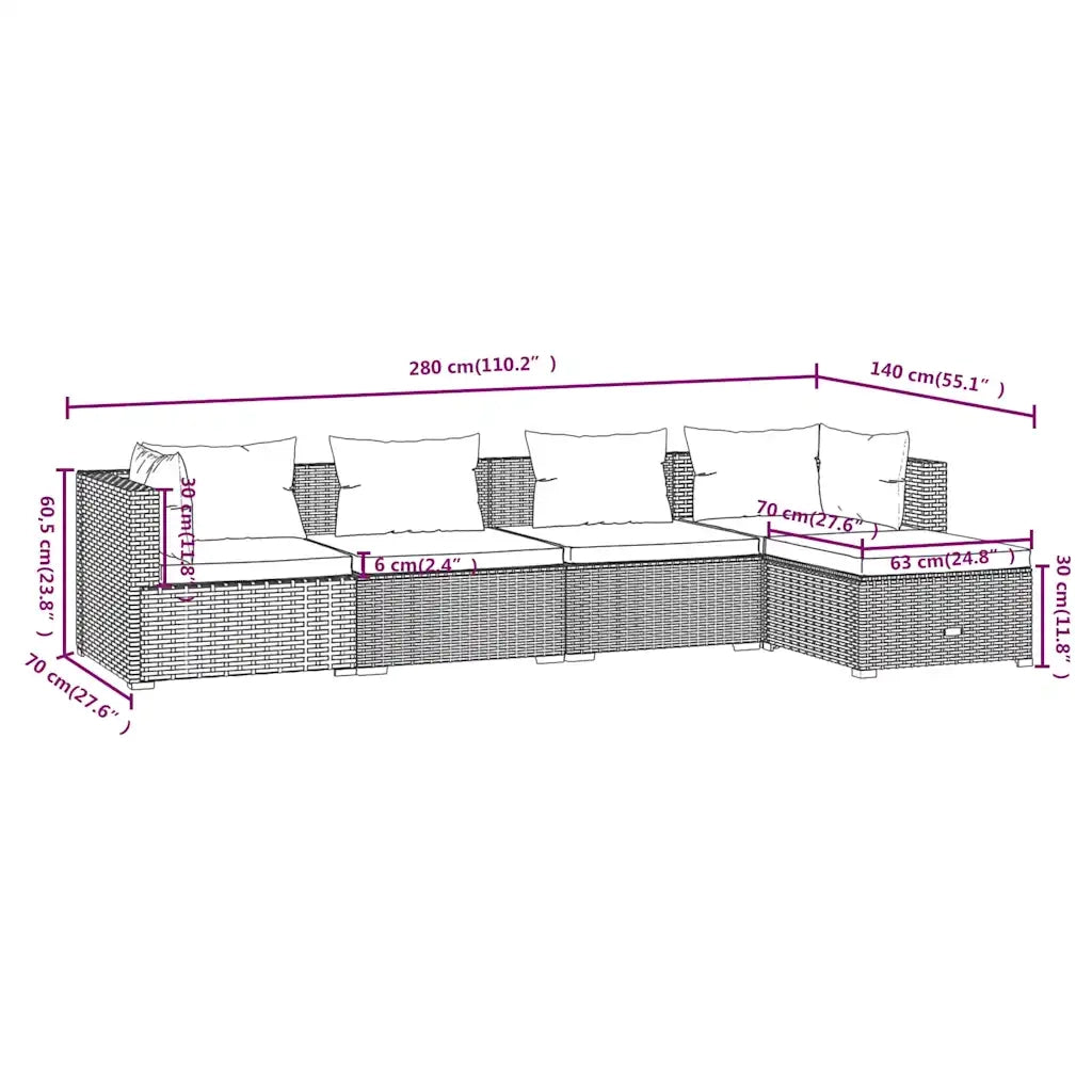 Set Divani da Giardino 5 pz con Cuscini in Polyrattan Marrone cod mxl 38894