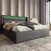 Letto Matrimoniale Contenitore con LED e Telecomando, Struttura Imbottita 140x200 cm, Grigio