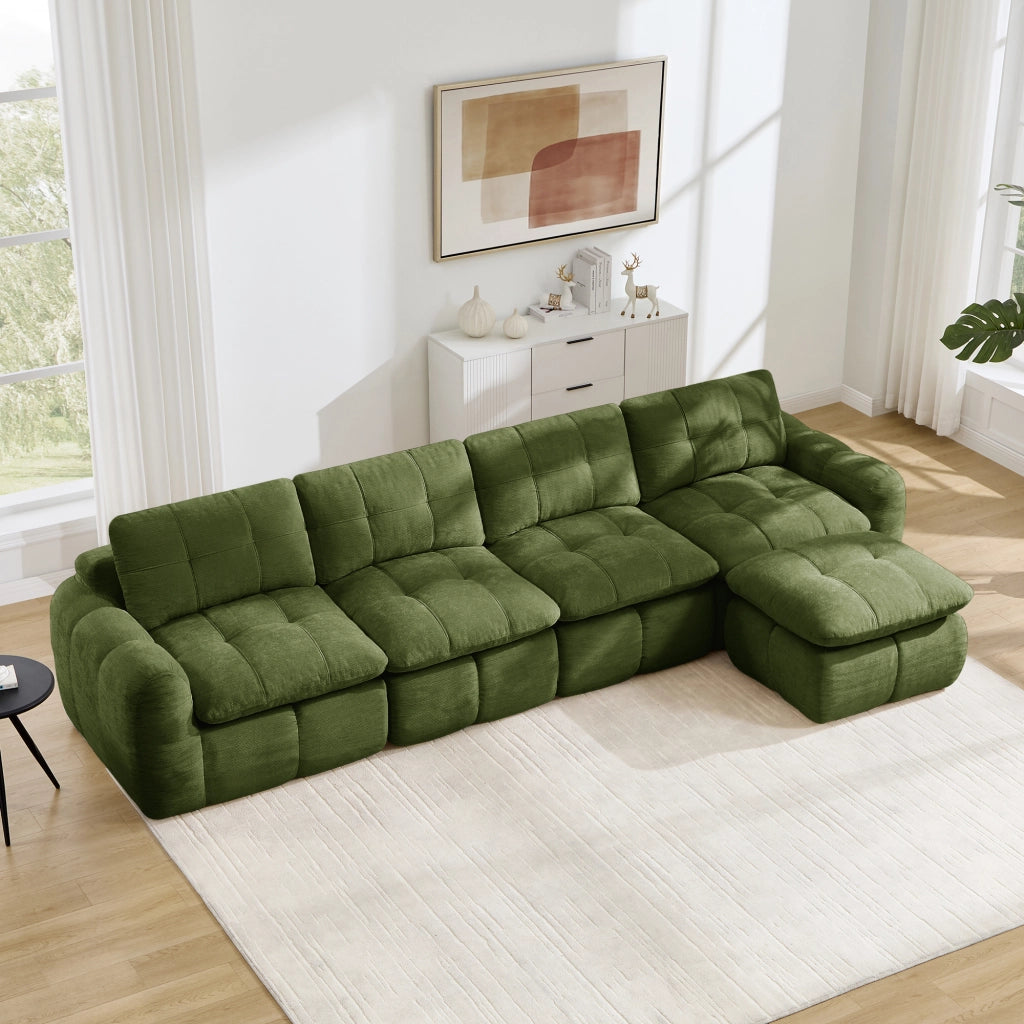 Divano modulare angolare 4 posti con pouf design trapuntato seduta ampia e profonda ergonomica in chenille verde 334 × 160 × 68 cm