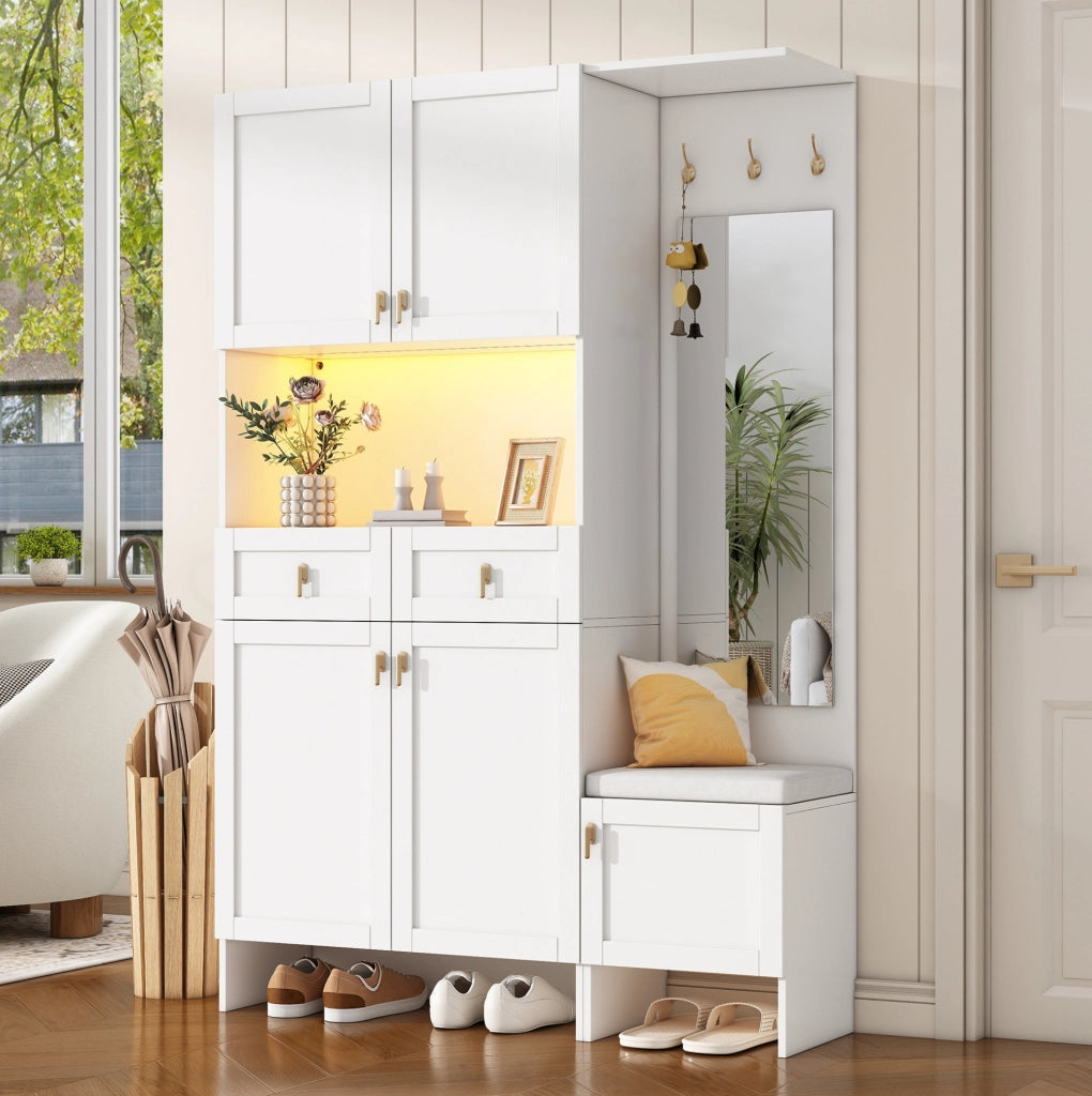Set ingresso con panca; scarpiera; appendiabiti e specchio 120x33;5x180 cm; bianco