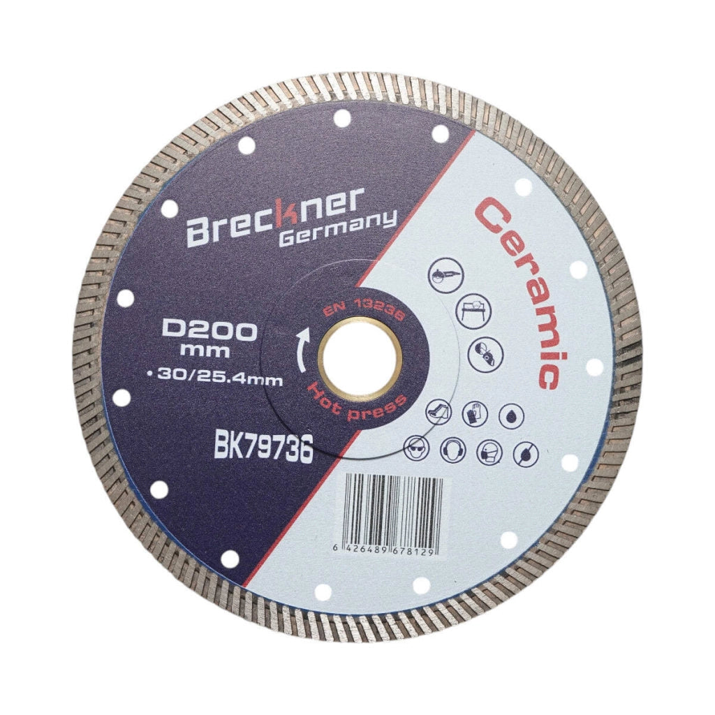 Disco diamantato turbo 200x30/25,4 mm, segmento 10 mm per piastrelle, maiolica, ceramica dura, marmo, granito Breckner Germany